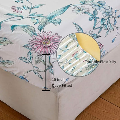 JSD White Blue Floral Printed Sheet Set King Size, 4 Piece Botanical Microfiber Sheets Extra Deep Pocket