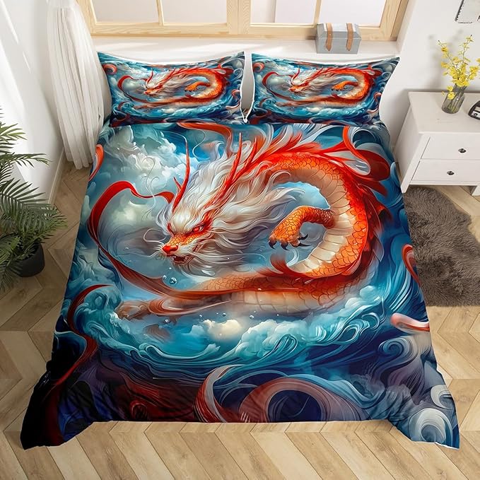 Feelyou Dragon Monster Bedding Set King Size Red Mighty Dragon Duvet Cover for Adult Kids Boys Girls Classical Monster Comforter Cover Set Wild Animal Bedspread Cover 3Pcs Zipper