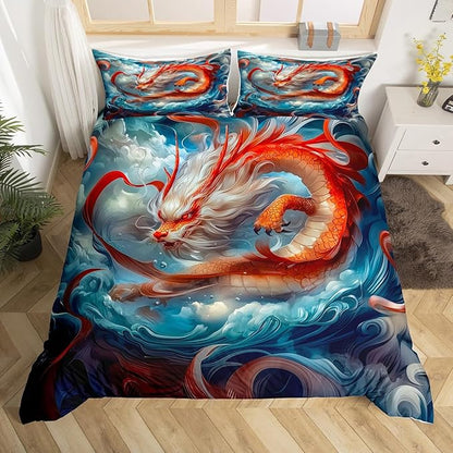Feelyou Dragon Monster Bedding Set King Size Red Mighty Dragon Duvet Cover for Adult Kids Boys Girls Classical Monster Comforter Cover Set Wild Animal Bedspread Cover 3Pcs Zipper