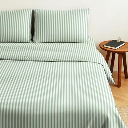 Striped Comforter Set Queen Size Green White Wide Stripes Pattern Bedding Set for All Season Soft Fluffy Down Alternative Comforter 3 Pieces, 100% Microfiber, 2 Pillowcases