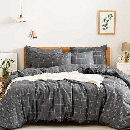 JELLYMONI 100% Natural Cotton 2pcs Plaid Duvet Cover Sets,Black with White Grid Geometric Pattern Printed Comforter Cover,with Zipper Closure & Corner Ties(Twin Size)