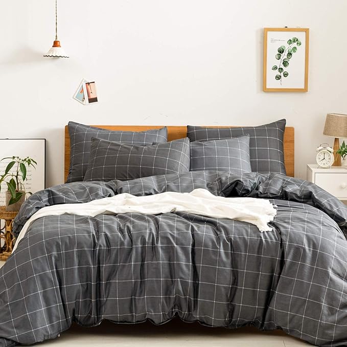JELLYMONI 100% Natural Cotton 3pcs Plaid Duvet Cover Sets, Black with White Grid Geometric Pattern Printed Comforter Cover, with Zipper Closure & Corner Ties(Full Size)