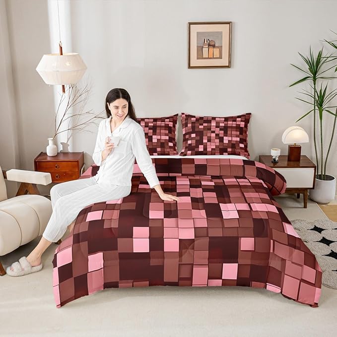 Miners Pixel Checked Kids Bedding Set King Size,Video Games Check Lattice Comforter Set，Game Cartoon Gamepad Quilt Comforter,Dark Red Bedroom Duvet Insert,2 Pillowcases