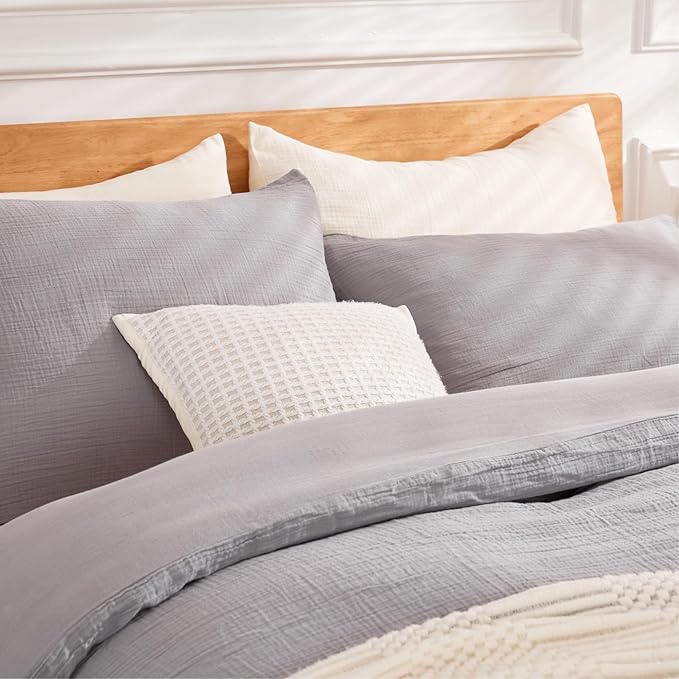Gray Twin Duvet Cover, 100% Sandwashed Cotton Soft Twin Size Duvet Cover Set 3 Pieces with Zipper Clousre & Corner Buttons (Gray, Twin 69 x 90)