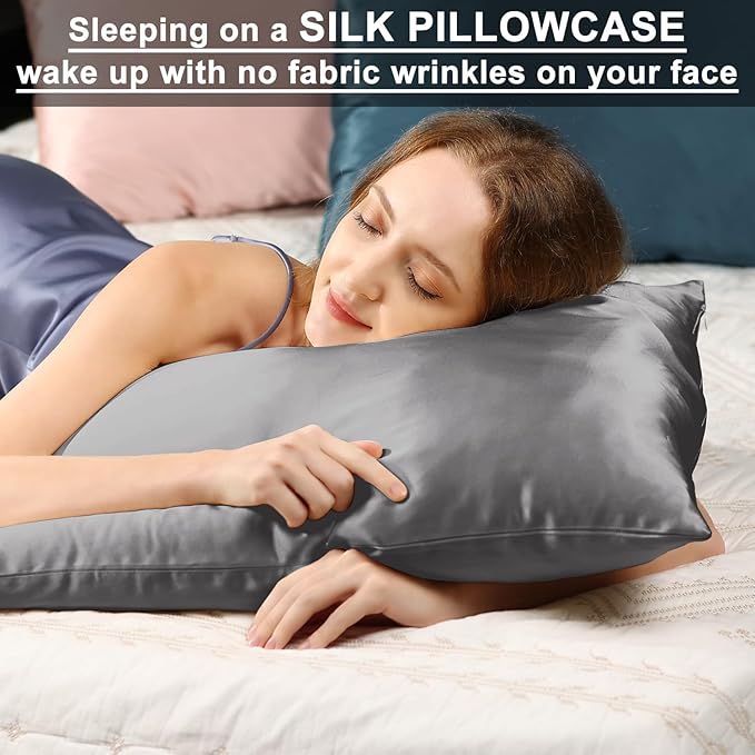 Ravmix Silk Pillow Cases 2 Pack with Zipper, 21momme Mulberry Silk Pillowcase for Hair Skin, Soft Smooth Breathable Cool Pillow Cover for Beauty Sleep with Gift Box(Standard 20"x26", Lilac Grey)