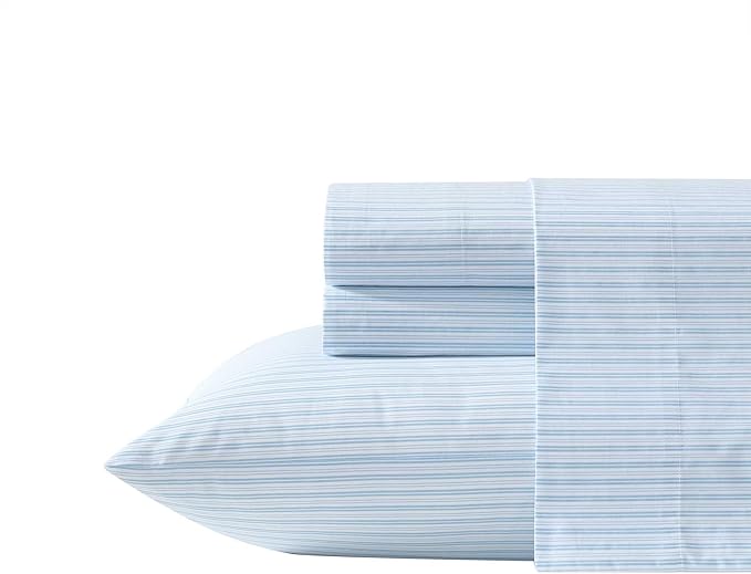 Laura Ashley - Full Sheet Set, Crisp & Cool Cotton Percale Bed Sheets, Deep Pockets, Striped Bedding with Matching Fitted Sheet & Pillowcases (Bedford Skinny Stripe Blue)