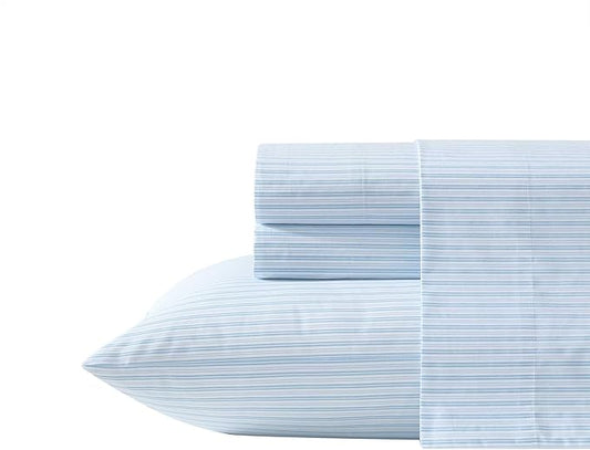 Laura Ashley - Full Sheet Set, Crisp & Cool Cotton Percale Bed Sheets, Deep Pockets, Striped Bedding with Matching Fitted Sheet & Pillowcases (Bedford Skinny Stripe Blue)