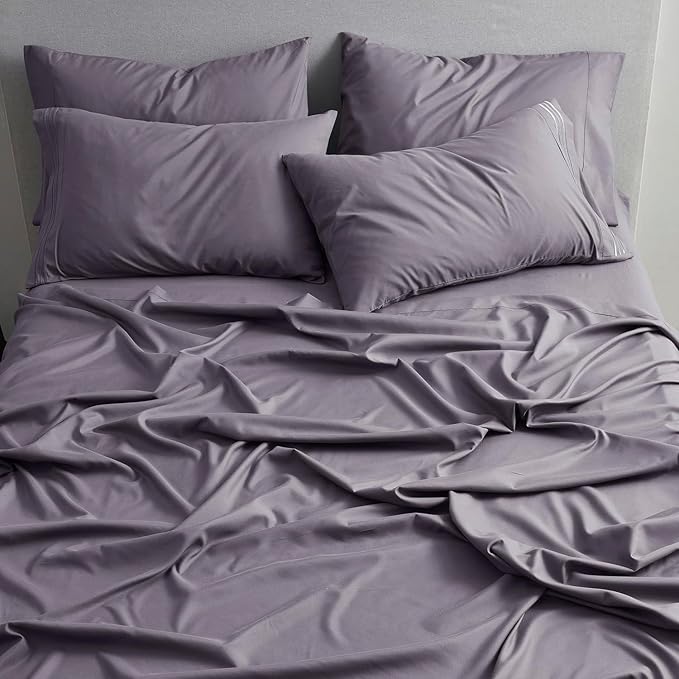 Clara Clark Cal King Sheets - Hotel Luxury 6 Piece Bed Sheets for Cal King Size Bed - Soft Bedding Sheets & Pillowcases, Fits Mattress up to 16 inch deep. California King, Grayish Purple