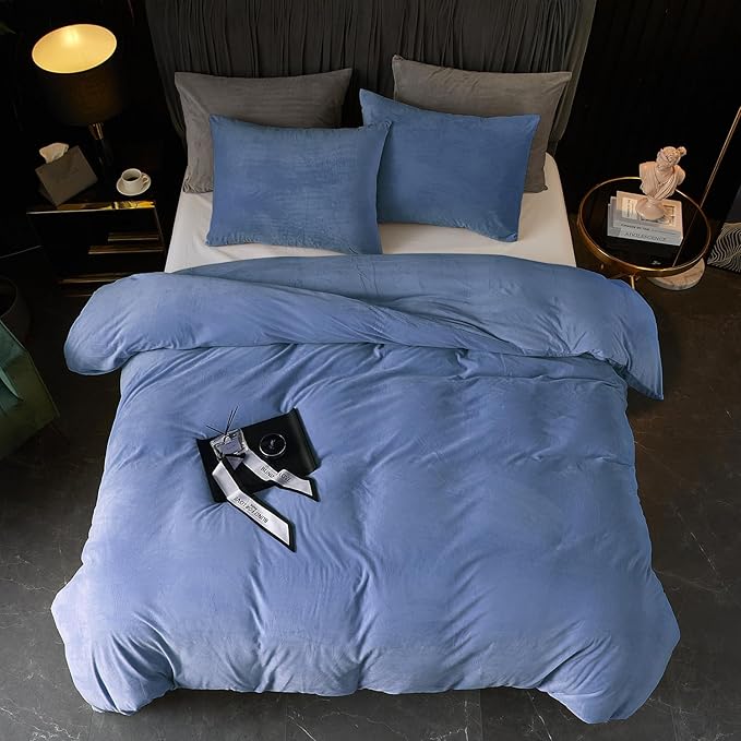Ivellow Velvet Duvet Cover Queen Set Blue Comforter Cover 3Pcs Ultra Soft Cover Breathable Solid Luxury Flannel Velour Duvet Cover Zipper Closure Corner Tie
