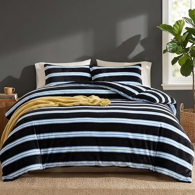 Bedbay Striped Comforter Set Fluffy Fleece Queen Comforter Set Soft Warm Flannel Velvet Comforter 3 Pcs Blue Black Striped Bedding Set Modern Stripes Pattern Queen Bed Set for All Seasons