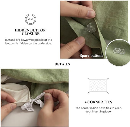 Simple&Opulence 100% Linen Duvet Cover Set, Natural French Flax Sage Green Ruffle Duvet Cover Twin Size, Breathable Comfy Linen Bedding Comforter Cover with 1 Pillowcase (Sage Green, 68" x 86")