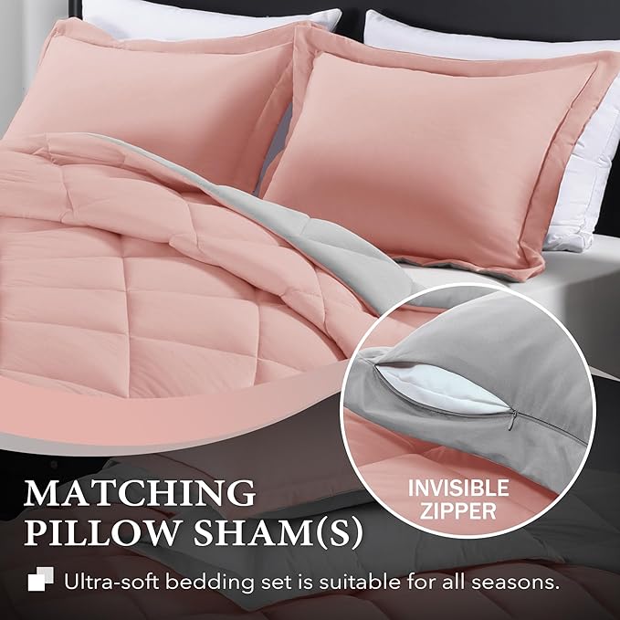 downluxe Twin Comforter Set - Pink and Grey Twin Comforter, Soft Bedding Sets for All Seasons -2 Pieces - 1 Comforter (66"x92") and 1 Pillow Sham(20"x26")