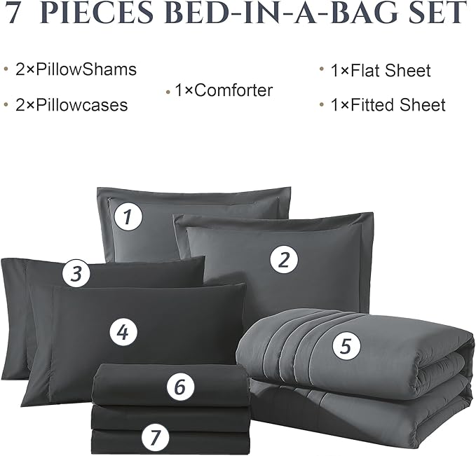 Monbix Queen Comforter Set - 7 Pieces Grey Bed in a Bag Queen Bedding Sets with Comforters, All Seasons Comforter Bed Set with Sheets,Pillowcases & Shams