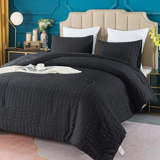 AveLom Black Seersucker California King Comforter Set (104x96 inches), 3 Pieces-100% Soft Washed Microfiber Lightweight Comforter with 2 Pillowcases, All Season Down Alternative Bedding Set