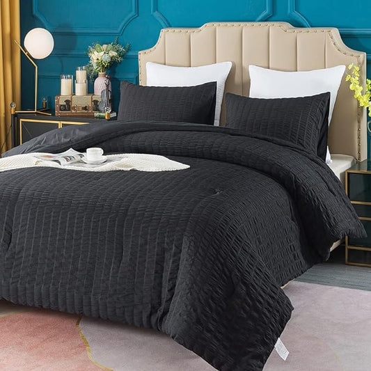 AveLom Black Seersucker Twin/Twin XL Comforter Set (68x90 inches), 2 Pieces-100% Soft Washed Microfiber Lightweight Comforter with 1 Pillowcase, All Season Down Alternative Comforter Set for Bedding