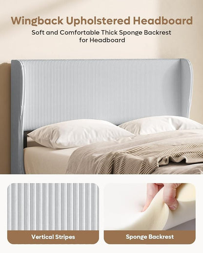 Bestier Full Bed Frame with Wingback Headboard,Upholstered,Light Grey | Vertical Channel Corduroy Upholstered,Easy Assembly,Wingback Headboard,No Squeaks,Wooden Slats Support,No Box Spring Needed