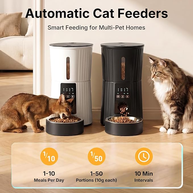 NEWBULIG 4L Automatic Cat Feeder with APP, 2.4G WiFi Pet Feeders, White | Applicable for Dry Food, 19.5 Cups, Programmable Schedule, 10 Meals/Day, 50 Portions/Meal, 10s Voice Recorder, Dual Power