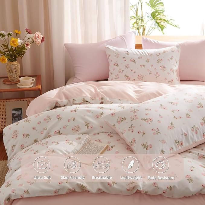 Floral Comforter Set Full Size - 3 Pieces Pink White Floral Comforter Bedding Sets Reversible Pattern,Full Bed in a Bag with Flowers Comforter and 2 Pillowcases