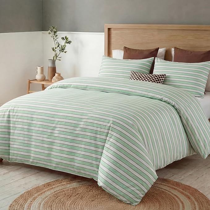 Bedbay Sage Green Striped Duvet Cover Set King Size, 100% Cotton Sateen Bedding Set, Silky Soft Breathable 3 Piece Farmhouse Minimalist Bedding for All Seasons