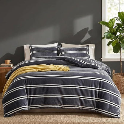Bedbay Grey Striped Bedding Comforter Set Queen Size Luxury Velvet Fleece Comforter Set 3 Pcs Fluffy Plush Flannel Bedding Set Cozy Reversible Fleece Soft Warm Shaggy Faux Fur Bed Set All Season