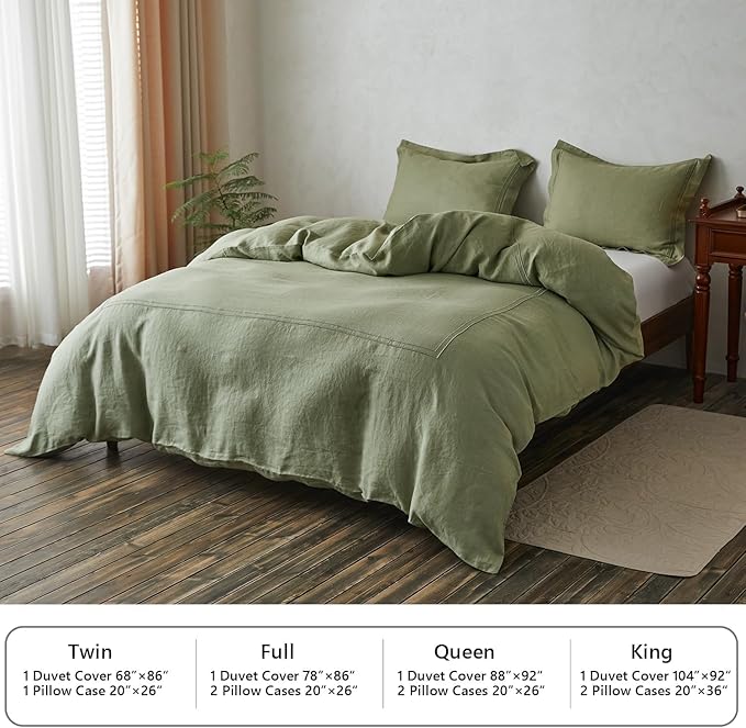 Simple&Opulence 100% Washed Linen Duvet Cover Set 104"x92" - 3 Pieces Soft Farmhouse Comforter Set Double Embroidered with Button Closure - 1 Duvet Cover and 2 Pillowshams (Sage Green, King)