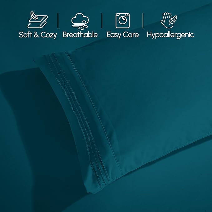 Elegant Comfort Luxurious 1500 Premium Hotel Quality Microfiber Three Line Embroidered Softest 4-Piece Bed Sheet Set, Wrinkle and Fade Resistant, Twin/Twin XL, Marine Teal