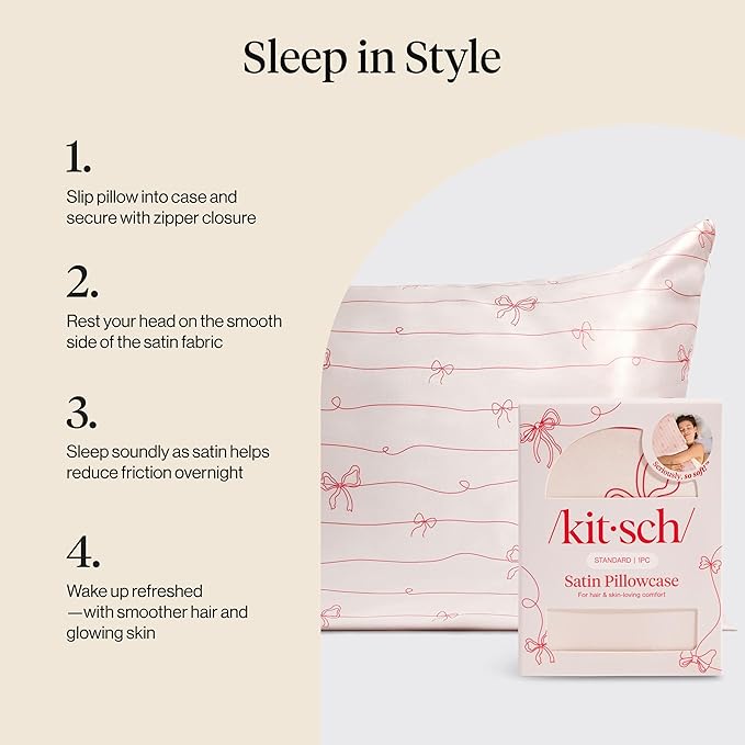 Kitsch Satin Pillowcase with Zipper for Hair & Skin - Softer Than Silk Pillow Cases, Smooth Cooling Satin Pillow Case, Wrinkle-Free Pillow Cases King Size (19x36) - Striped Bows