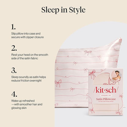 Kitsch Satin Pillowcase with Zipper for Hair & Skin - Softer Than Silk Pillow Cases, Smooth Cooling Satin Pillow Case, Wrinkle-Free Pillow Cases King Size (19x36) - Striped Bows