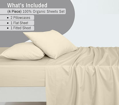 RUVANTI 100% Organic Cotton Sheets King Size, Percale Weave, GOTS Certified, 4-Piece Set, Deep Pocket 15", Crisp & Breathable, Soft Durable Bedding, Sábanas Algodón Orgánico – Cloud Cream