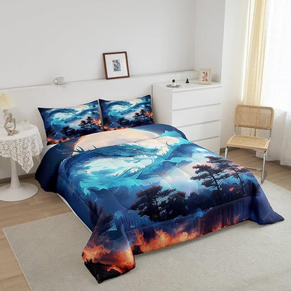 Blue Dragon Comforter Set King Size,Jungle Animals Western Magical Bedding Set,Kids Boys Girls Room Decor Volcano Moon Starry Sky Quilt Set Exotic Trippy Wildlife Style Duvet Insert,2 Pillowcases