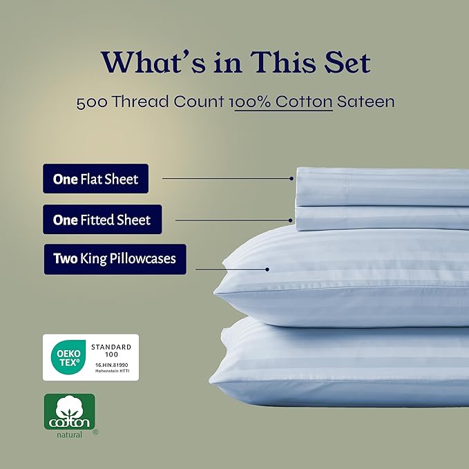 California Design Den - King Sheets Set, Soft 100% Cotton Sheets Deep Pockets Snug Fit Elastic, 500 Thread Count Sateen, Damask Stripe Bedding Sheets (Stripe - Light Blue)