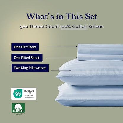 California Design Den - King Sheets Set, Soft 100% Cotton Sheets Deep Pockets Snug Fit Elastic, 500 Thread Count Sateen, Damask Stripe Bedding Sheets (Stripe - Light Blue)
