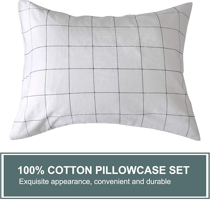 JELLYMONI 100% Natural Cotton 3pcs Plaid Duvet Cover Sets,White with Black Grid Geometric Pattern Printed Comforter Cover,with Zipper Closure & Corner Ties(Cal King Size)