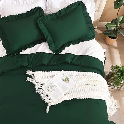 Litanika Dark Emerald Green King Comforter Set, 3 Pieces Boho Vintage Solid Forest Ruffle Bedding Set, All Season Lightweight Bed Set (104x90In Comforter & 2 Pillowcases)