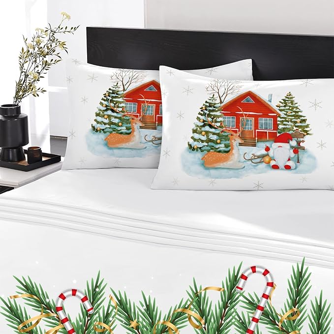 YIYEA Christmas Pillow Cases Standard Size Set of 4, Ultra Soft Double Brushed Microfiber Red Pillowcases and Christmas Pillow Covers, Envelope Closure, Fade Resistant (20"x26")