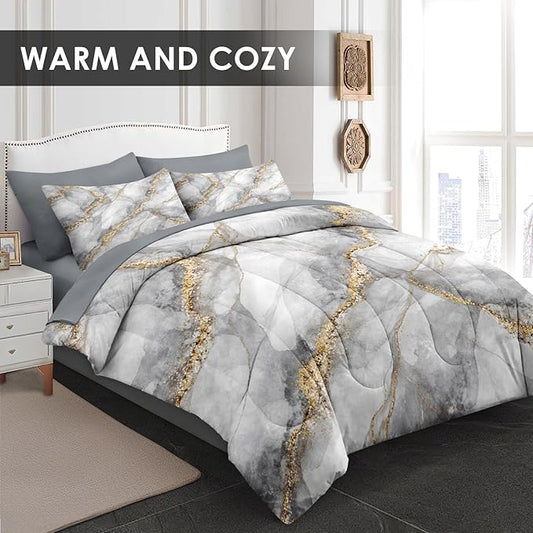 Comforter Set Full Size, Marble Gold Stone 7 Pcs Bedding for Adults, Gray Vintage Retro Bed Sheet Sets with Fitted Sheet 2 Pillowcases & 2 Shams for Bedroom Bed Decor