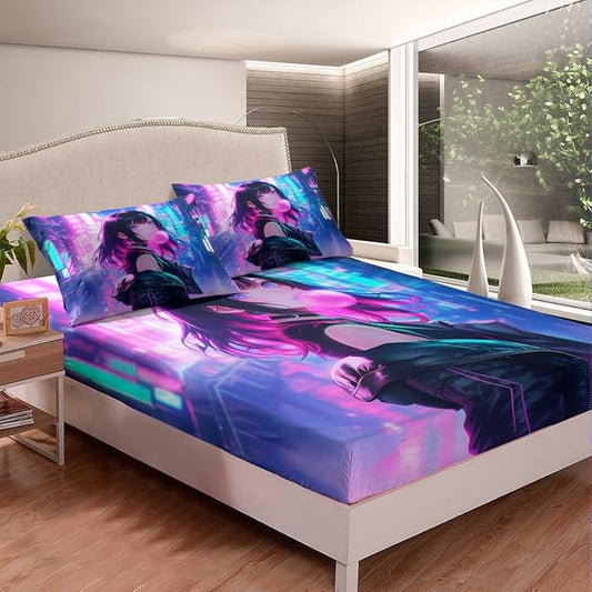 Erosebridal Anime Girl Bedding Set Full Size, Kawaii Japanese Anime Bed Sheets for Kids Boys Teens Adult Women, Cartoon Girl Fitted Sheet Japan Animation Bedroom Decor, Machine Washable