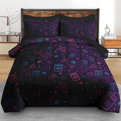 Comforter Set Twin Size, Witchy Purple Blue 5 Pcs Bedding for Kids and Adults, Tarot Board Magic Bed Sheet Sets with Fitted Sheet Pillowcase & Sham for Bedroom Bed Decor