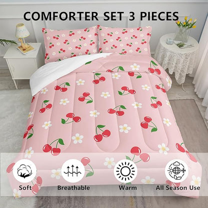 Pink Kawaii Bedding Set for Girls,3Pcs Cute Cartoon Fruit Printed Bedding Queen Size,Cherries and Flowers Comforter for Kids Girls Women,Lovely Pink Floral Comforter Set 1 Quilt 2 Pillowcases