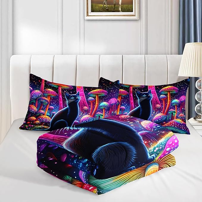 Cute Black Cat Bedding Set King Size,Kids Cartoon Cat Mushroom Flash Comforter Set for Kids Girls Boys Room Decor,Boho Style Botanical Bedding Sets with 2 Pillowcases.