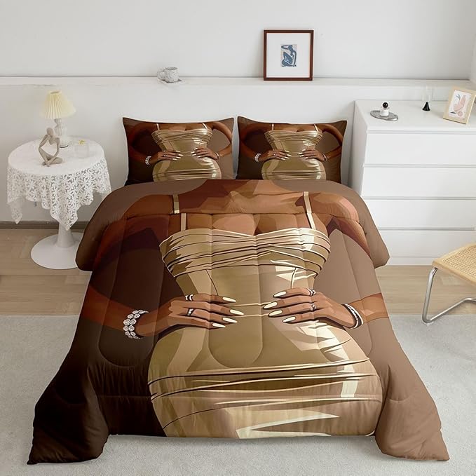 Erosebridal Fashion Black Woman Bedding Set for Kids Vogue Black Girls Queen Comforter Set Fashionable Gorgeous Duvet Insert for Girls Women Teens Romantic Fashion Theme Quilt with 2 Pillow Cases