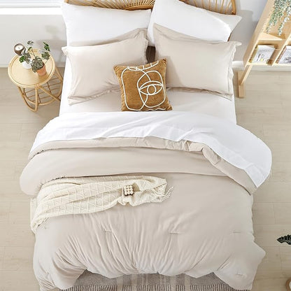 weigelia Full Size Comforter Set 7 Pieces Beige Comforter Set Comforters Full Size Microfiber Comforter Soft All Season with Sheets Lightweight Fluffy Bedding Set for Women and Men