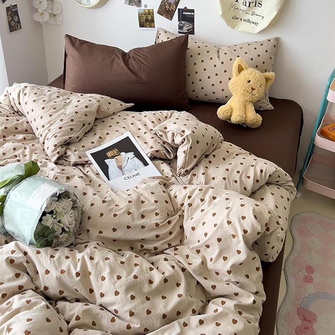 Nayoroom Brown Heart Duvet Cover Queen Size Vintage Hearts Printed on Taupe Comforter Cover Kids Girls 3 Pcs Soft Microfiber Farmhouse Bedding Set with Zipper Closure