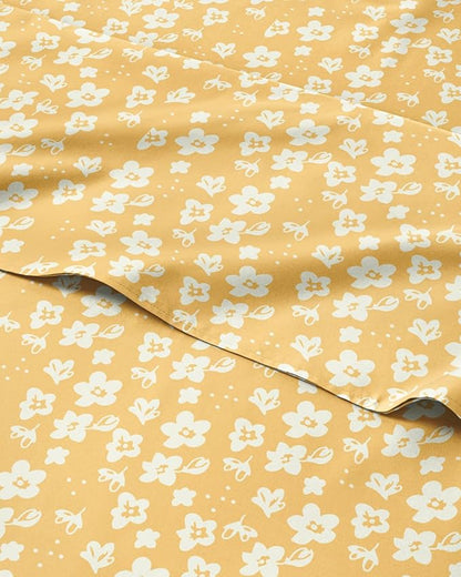 Floral Sheets - Yellow Floral Bed Sheet Set - 1 Flat, 2 Fitted & 2 Pillowcases w/ Deep Pockets - Wrinkle & Fade Free - Boho Botanical Bedding - Ultra-Soft, Breathable & Cooling - Split King Size Set