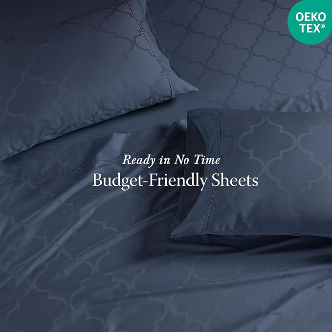 Threadmill 100% Cotton Sheets for King Size Bed | 4 Pc King Bed Sheets Set | Soft, Breathable Lightweight Damask Sateen for All-Season Use | Snug Fit Elastic Deep Pocket King Sheets | Folkstone Blue