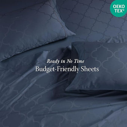 Threadmill 100% Cotton Sheets for King Size Bed | 4 Pc King Bed Sheets Set | Soft, Breathable Lightweight Damask Sateen for All-Season Use | Snug Fit Elastic Deep Pocket King Sheets | Folkstone Blue