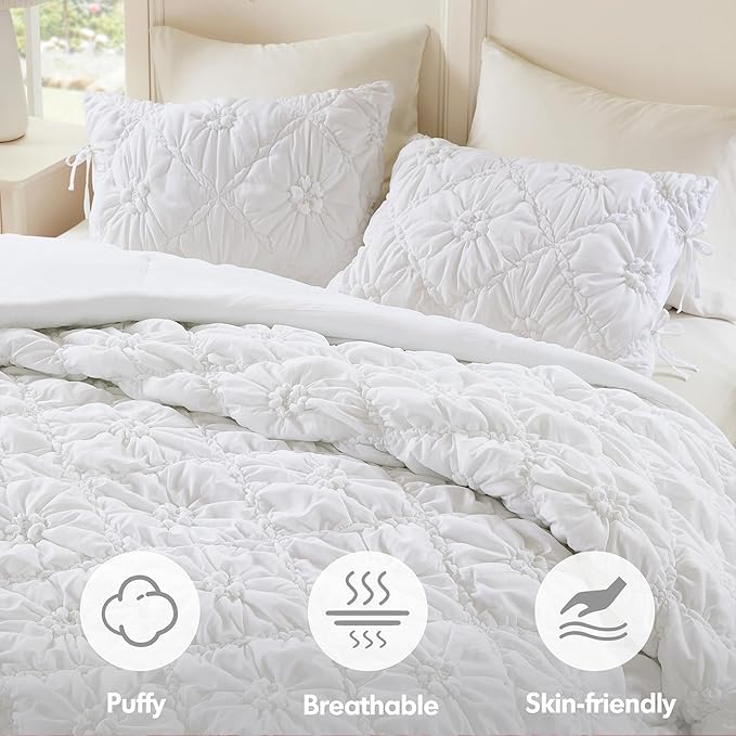 Intelligent Design Queen Comforter Set – White Lily Puffy Floral Shabby Chic Boho Bedding, Ultra-Soft, Lightweight & All-Season, Full/Queen