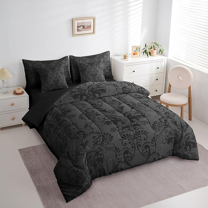 Erosebridal Gothic Damask Bed in a Bag King Size Comforter Set 7 Pieces,Butterfly Skull Bedding Sets Black Grey Victorian Floral Goth Sheet Set with Comforter