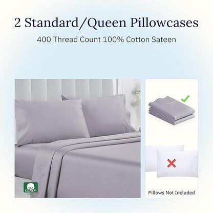 California Design Den Standard Queen Size Pillowcase Set - 400 Thread Count, 100% Cotton Sateen, Set of 2 Pillow Covers, Soft and Breathable - Dusky Lavender Grey