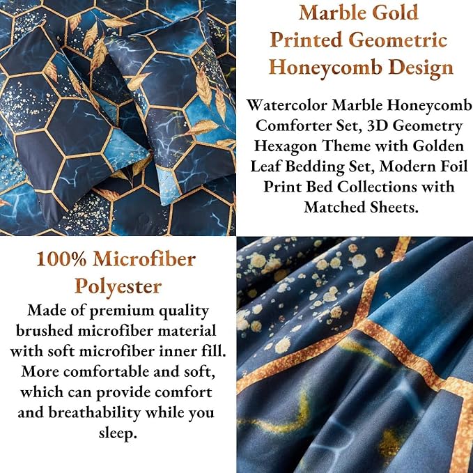 ANGIYUIN 7 Pieces Blue Gold Bed in A Bag Full Geometric Hexagon Theme Bedding Sets Gold Trim Comforter Set, Luxury Steel Blue Gold Foil Print Bed Sets with Pillowcases Sheets (Blue Full)